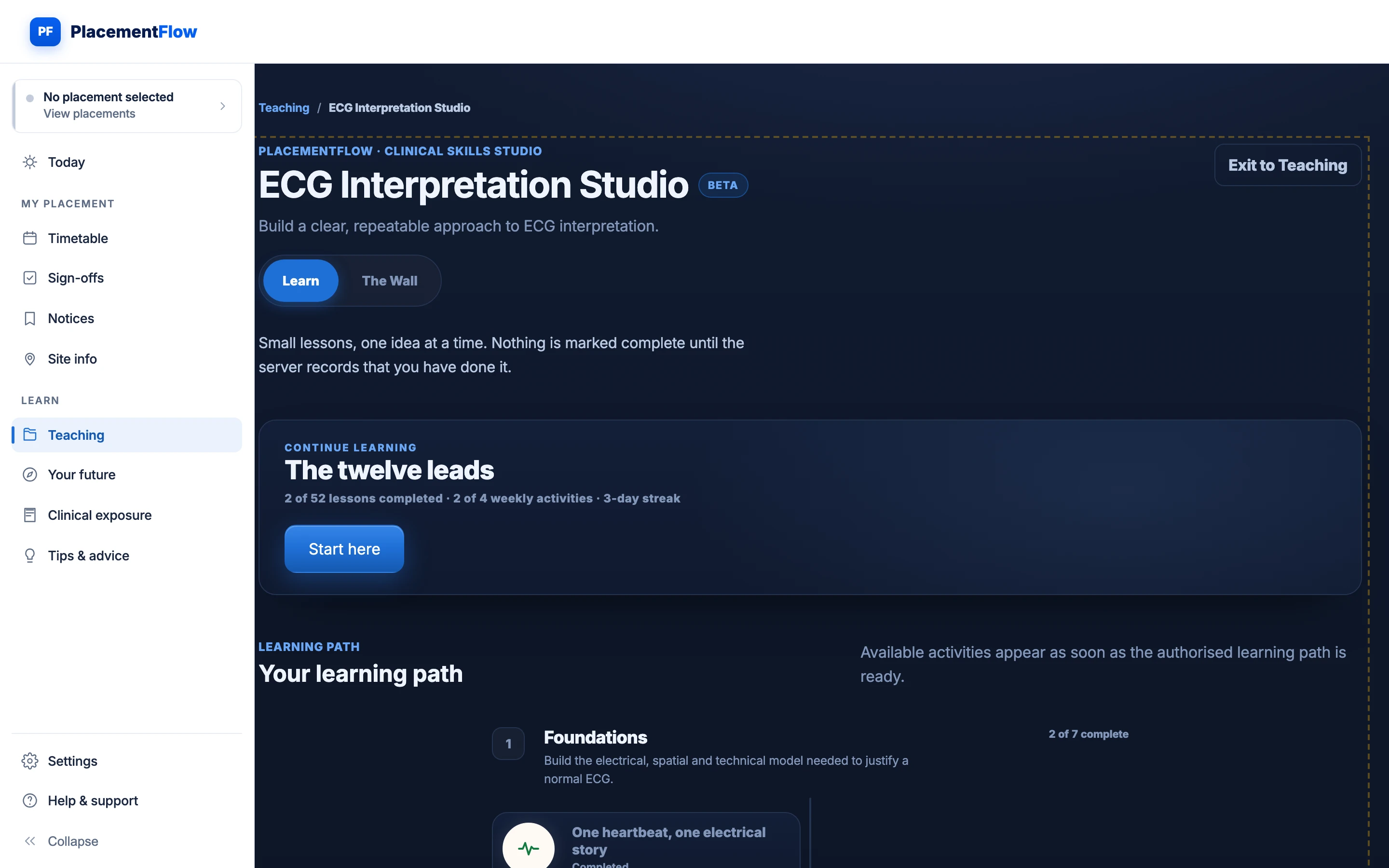 The ECG Interpretation Studio learning area, showing its Learn and The Wall navigation and the start of a structured learning path in the current educational beta.