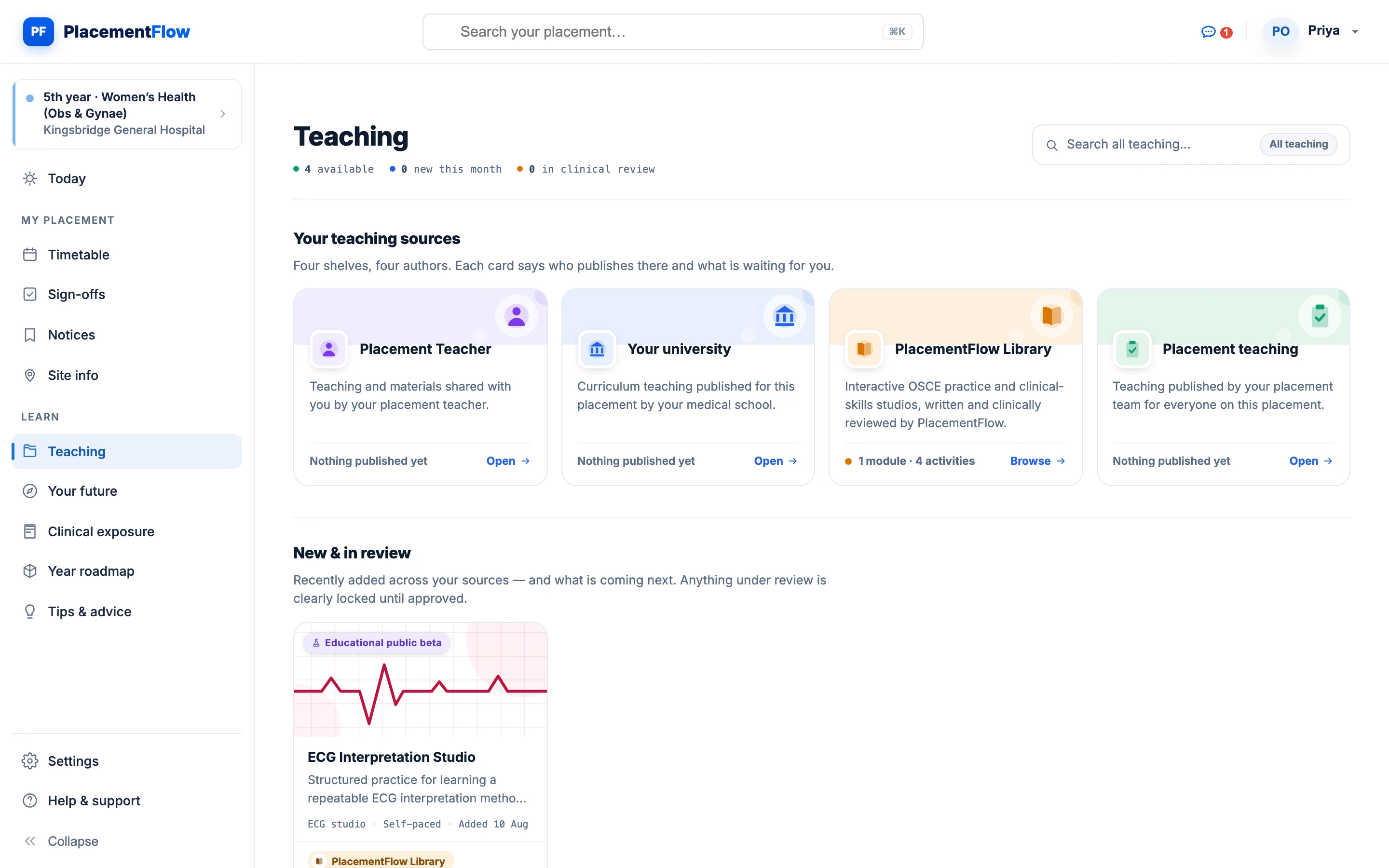 The student's Teaching screen: four shelves — Placement Teacher, Your university, PlacementFlow Library and Placement teaching — each saying who publishes there and what is waiting.