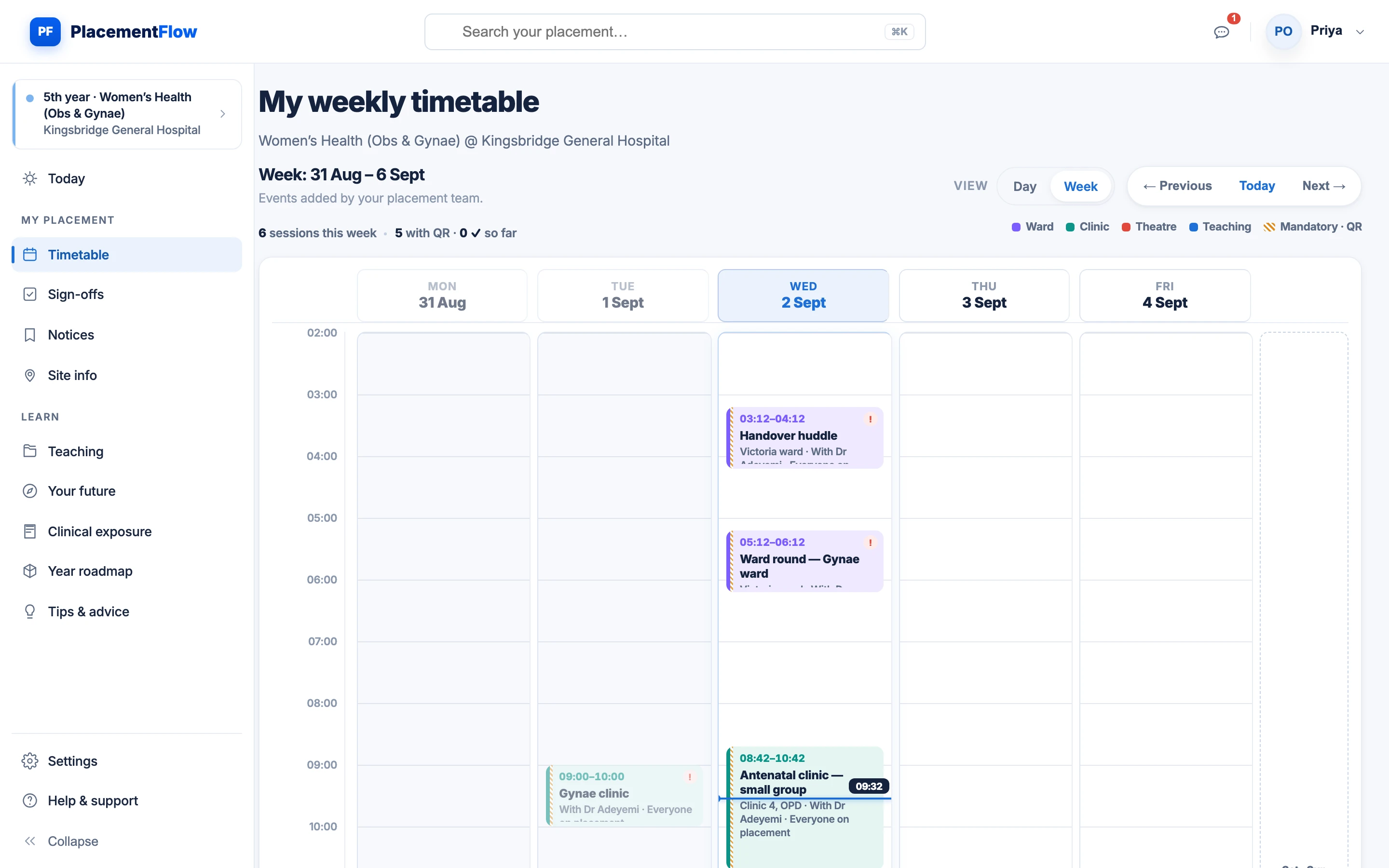 The student's weekly timetable: six colour-coded ward, clinic, theatre and teaching sessions across Monday to Friday, a live marker on the current time, and a key for mandatory QR sessions.