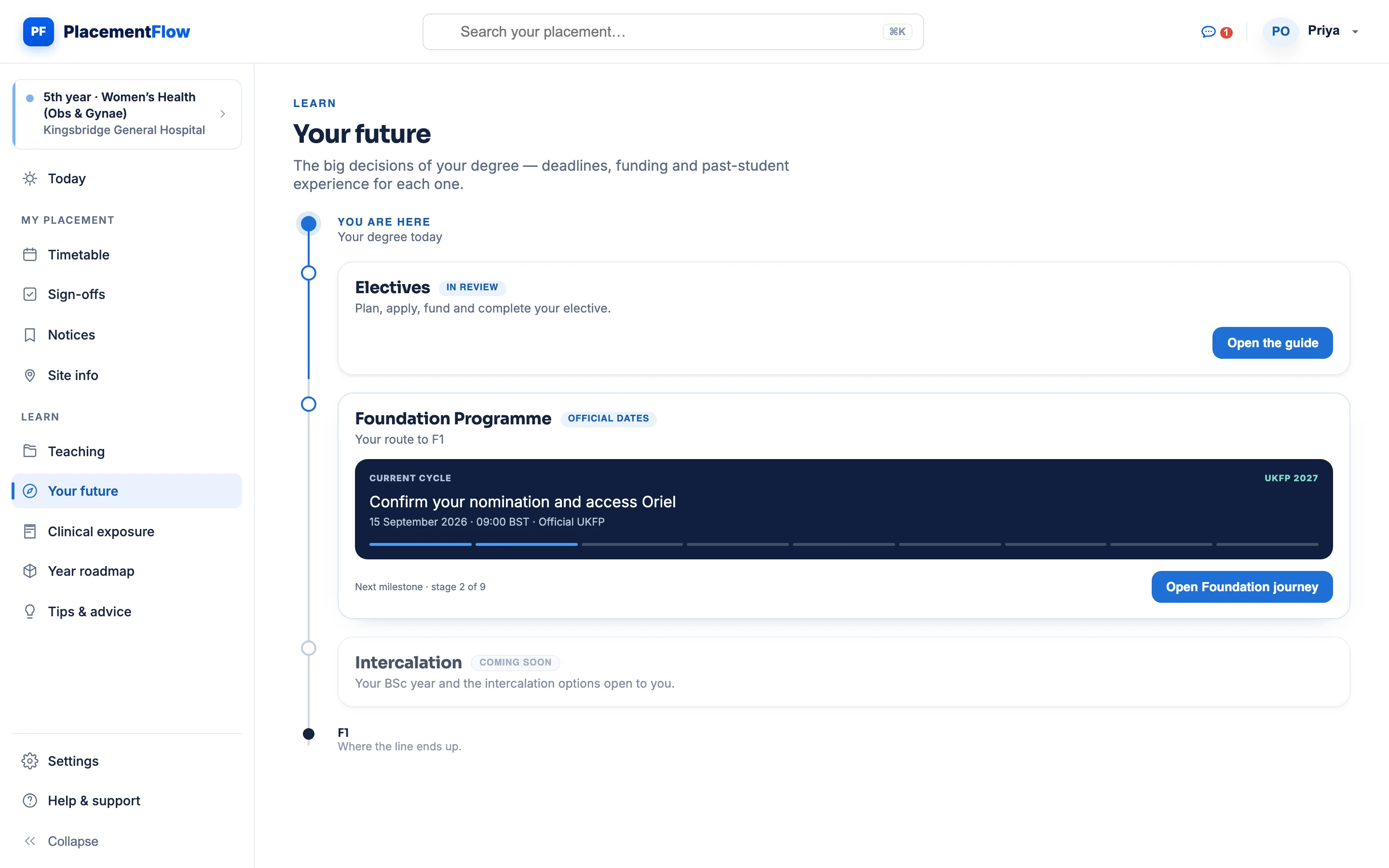 The student's Your future screen: a journey line from today to F1 with three stops — Electives (in review), Foundation Programme showing the UKFP 2027 cycle's next milestone and stage 2 of 9, and Intercalation (coming soon).